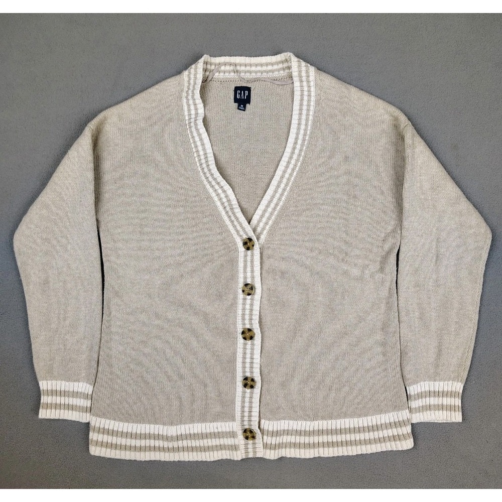 Gap Cardigan Sweater Women Medium Tan White Stripe Preppy Academia Boyfriend